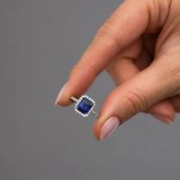 2ct Blue Sapphire Seamless Halo Lab Grown Diamond Engagement Rings.