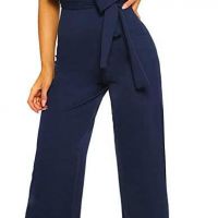 Happy Sailed Women Casual Loose Short Sleeve Belted Wide Leg Pant Romp
