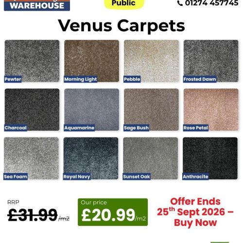 Venus Carpet £20.99/m² | 12 Colours Available